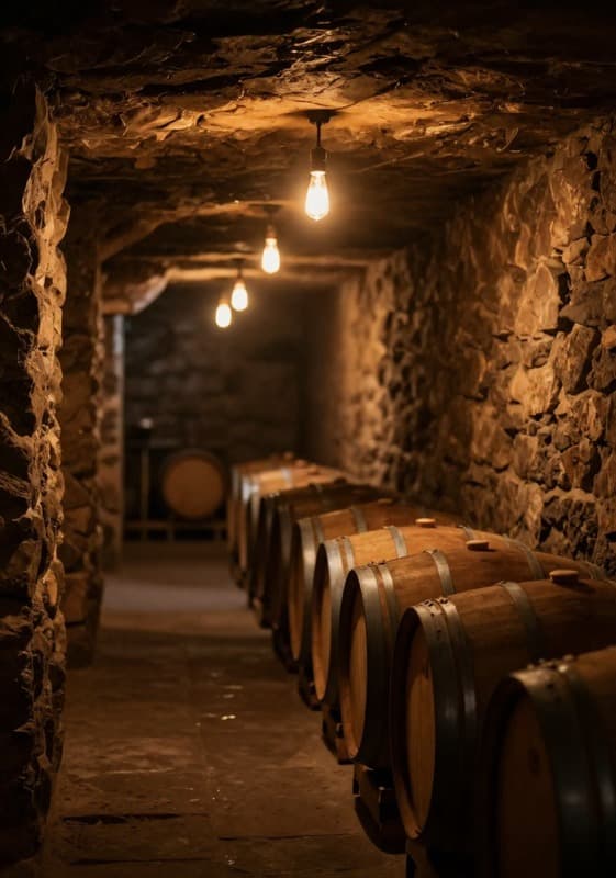 Interior de bodega con barricas y luz calida