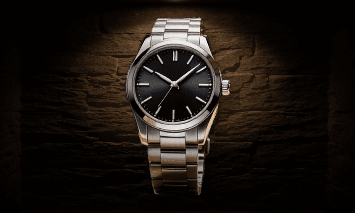 Reloj metalico centrado sobre una pared de piedra calida